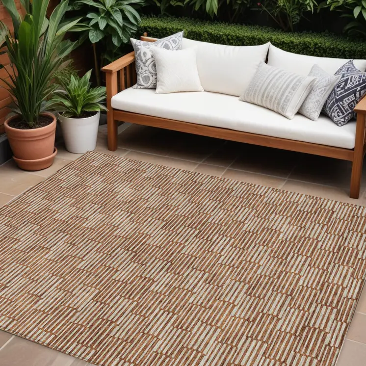 8' X 10' Copper And Beige Geometric Washable Indoor Outdoor Area Rug