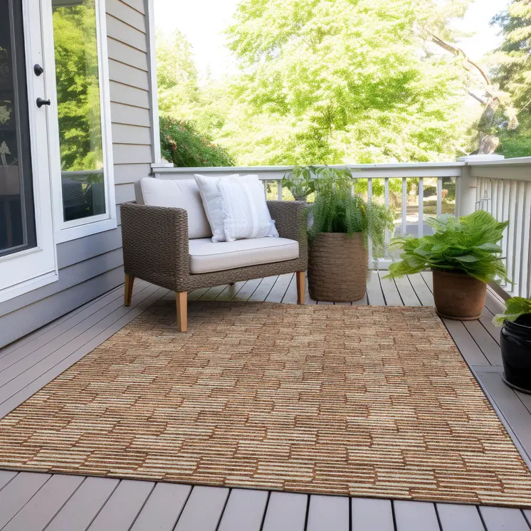 8' X 10' Copper And Beige Geometric Washable Indoor Outdoor Area Rug