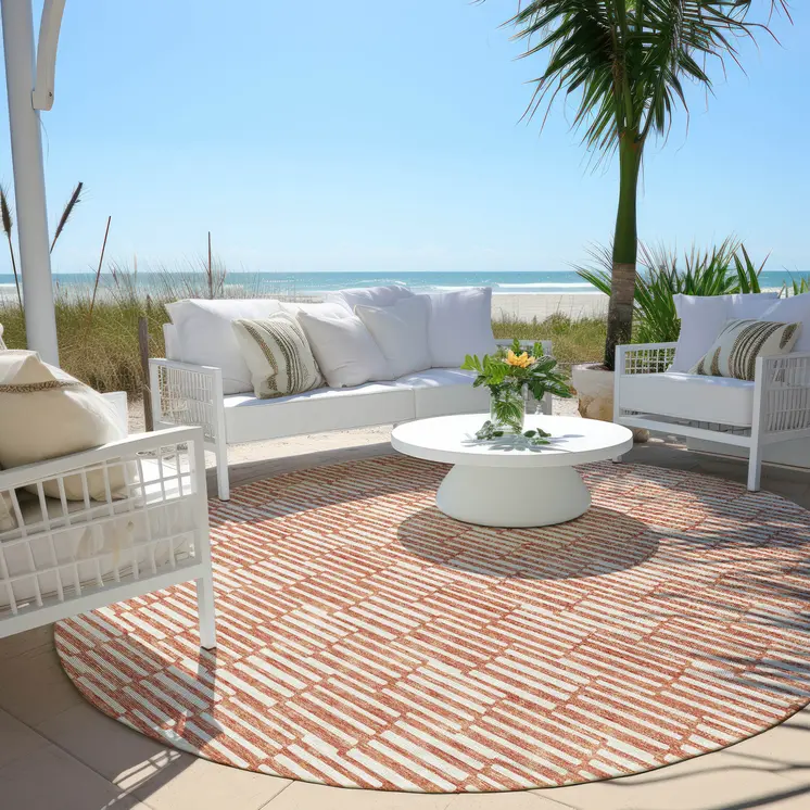8' Salmon And Ivory Round Geometric Washable Indoor Outdoor Area Rug