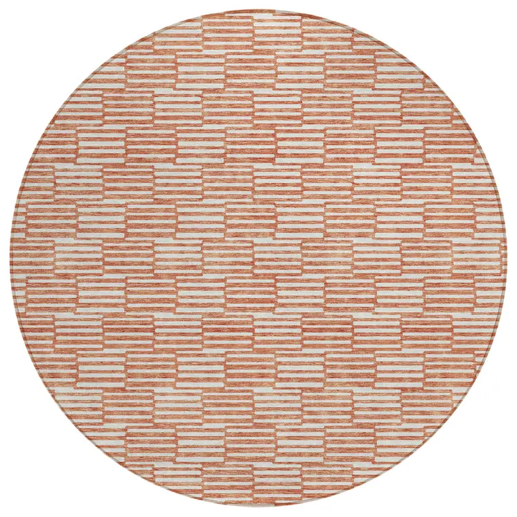 8' Salmon And Ivory Round Geometric Washable Indoor Outdoor Area Rug