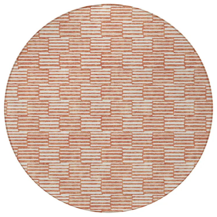 8' Salmon And Ivory Round Geometric Washable Indoor Outdoor Area Rug