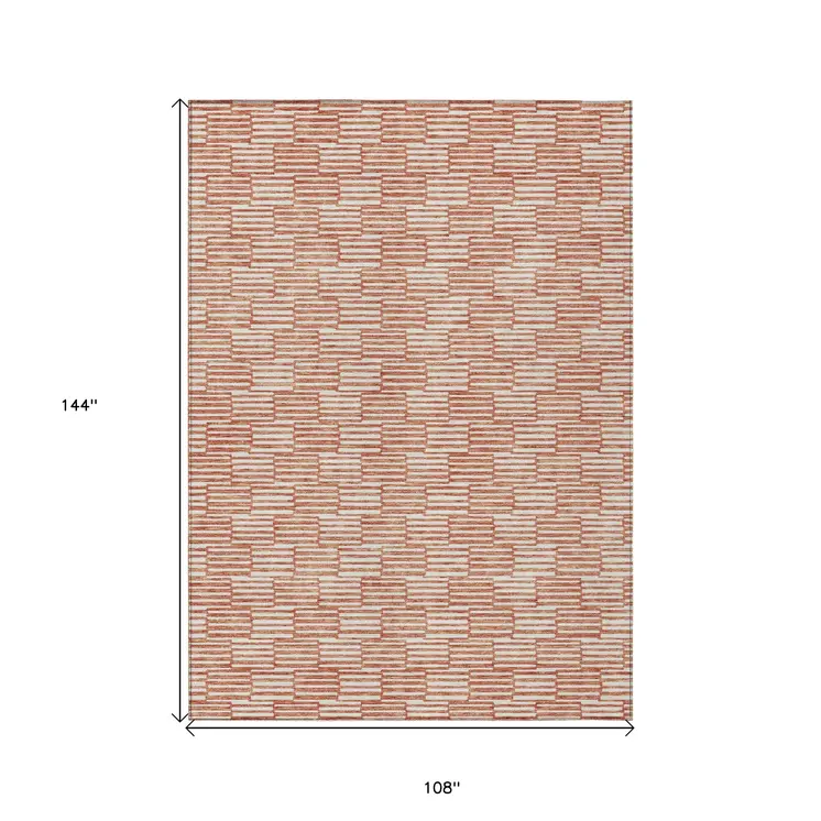 9' X 12' Salmon And Ivory Geometric Washable Indoor Outdoor Area Rug