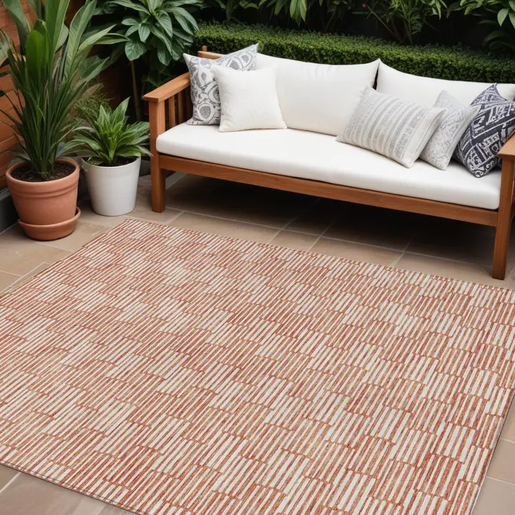 9' X 12' Salmon And Ivory Geometric Washable Indoor Outdoor Area Rug