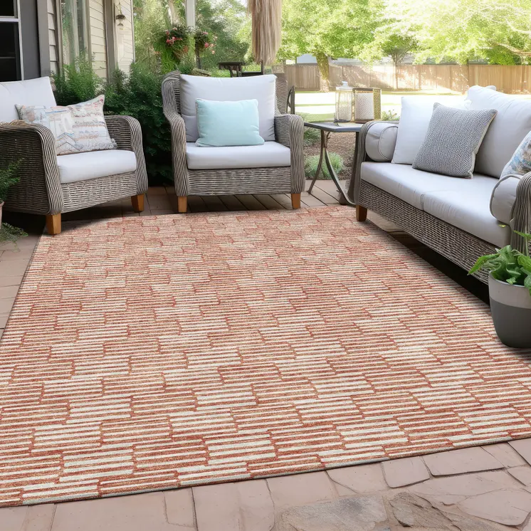 9' X 12' Salmon And Ivory Geometric Washable Indoor Outdoor Area Rug