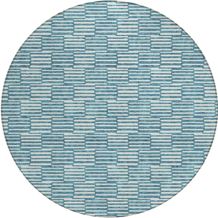 8' Teal Blue And Ivory Round Geometric Washable Indoor Outdoor Area Rug