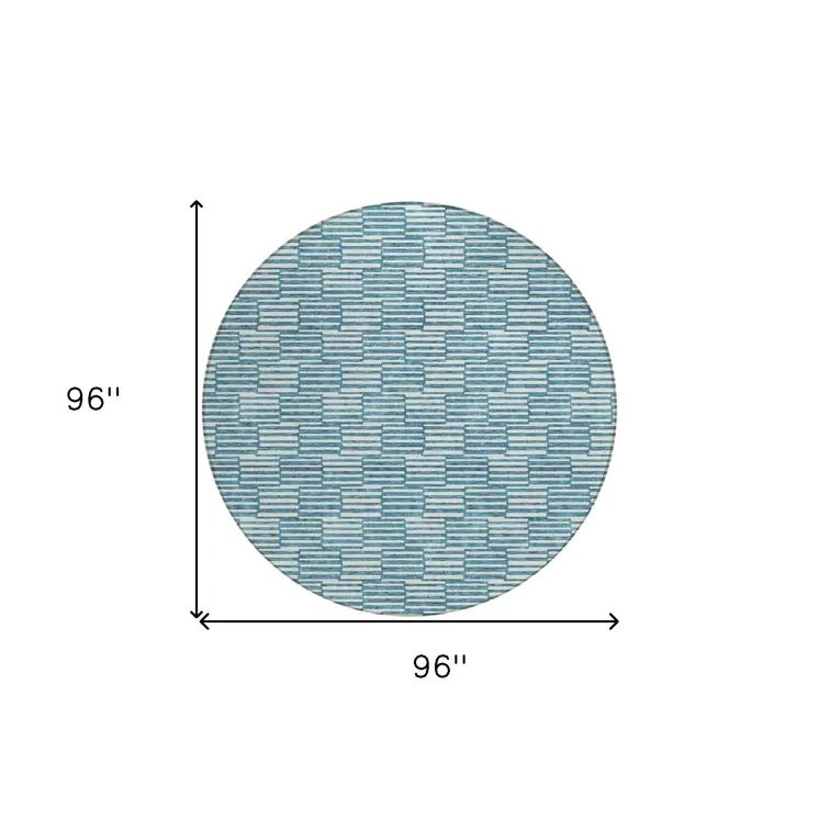 8' Teal Blue And Ivory Round Geometric Washable Indoor Outdoor Area Rug