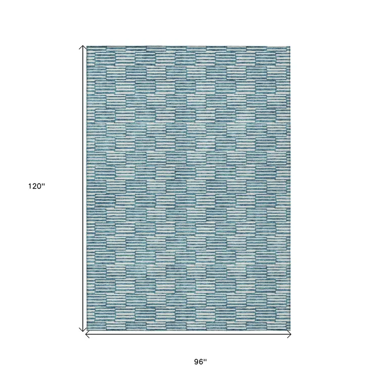 8' X 10' Teal Blue And Ivory Geometric Washable Indoor Outdoor Area Rug
