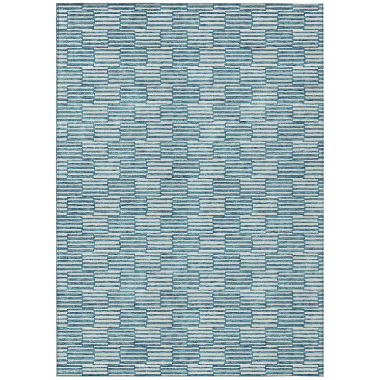 8' X 10' Teal Blue And Ivory Geometric Washable Indoor Outdoor Area Rug