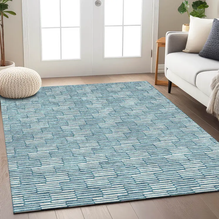 8' X 10' Teal Blue And Ivory Geometric Washable Indoor Outdoor Area Rug