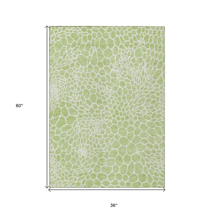 3' X 5' Artichoke Green And Ivory Geometric Washable Indoor Outdoor Area Rug