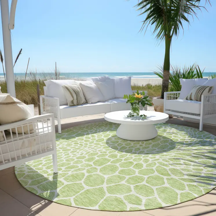 8' Artichoke Green And Ivory Round Geometric Washable Indoor Outdoor Area Rug