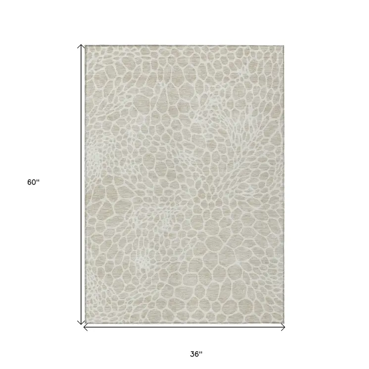3' X 5' Beige And Ivory Geometric Washable Indoor Outdoor Area Rug