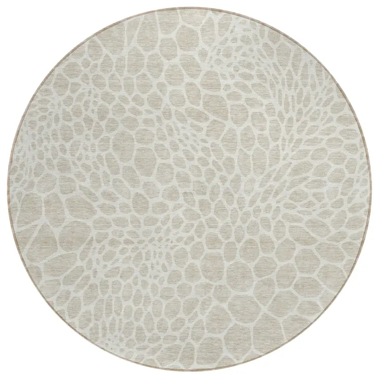 8' Beige And Ivory Round Geometric Washable Indoor Outdoor Area Rug