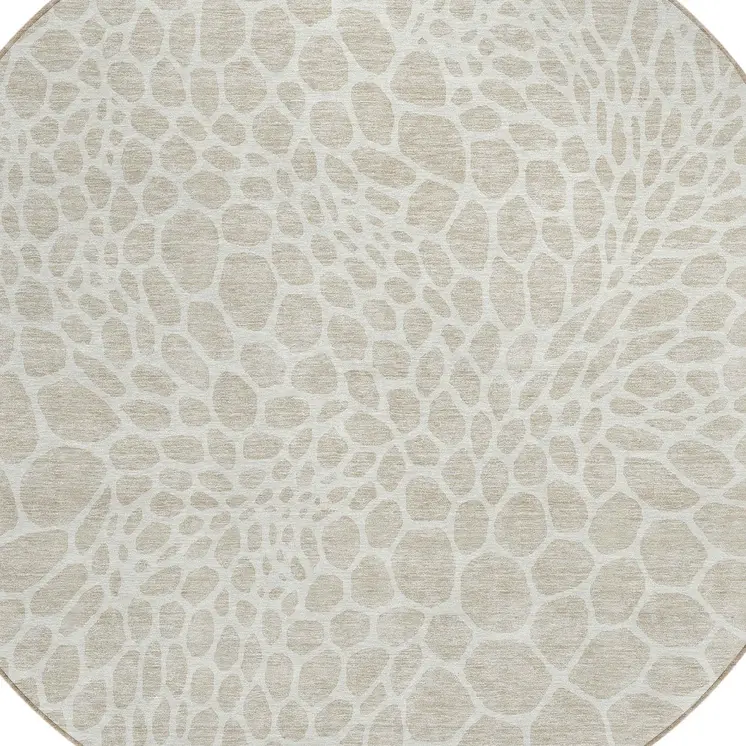 8' Beige And Ivory Round Geometric Washable Indoor Outdoor Area Rug