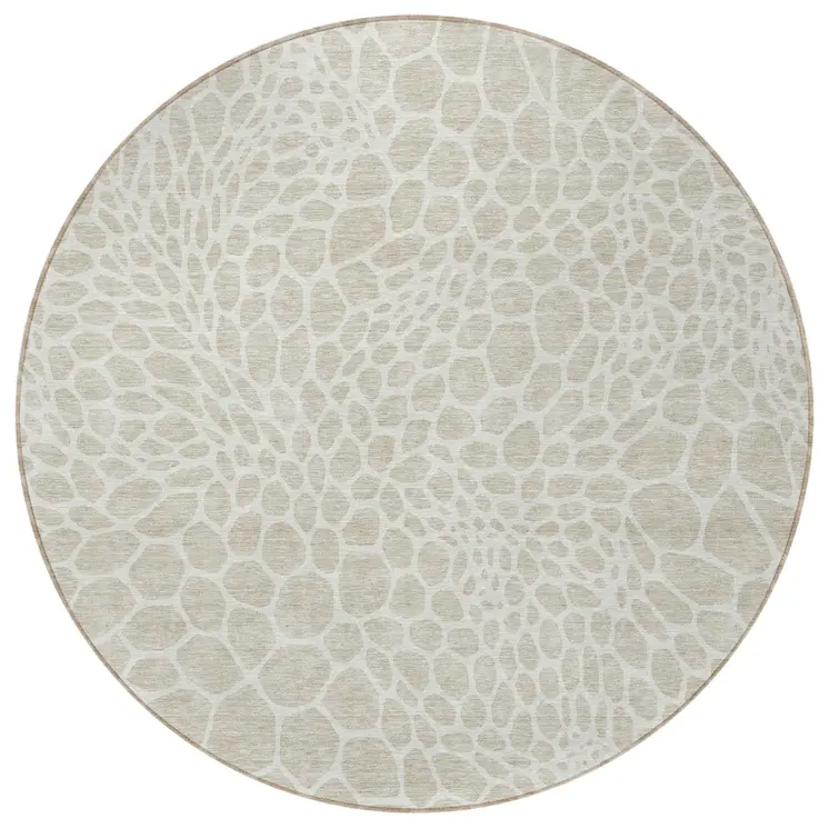 8' Beige And Ivory Round Geometric Washable Indoor Outdoor Area Rug