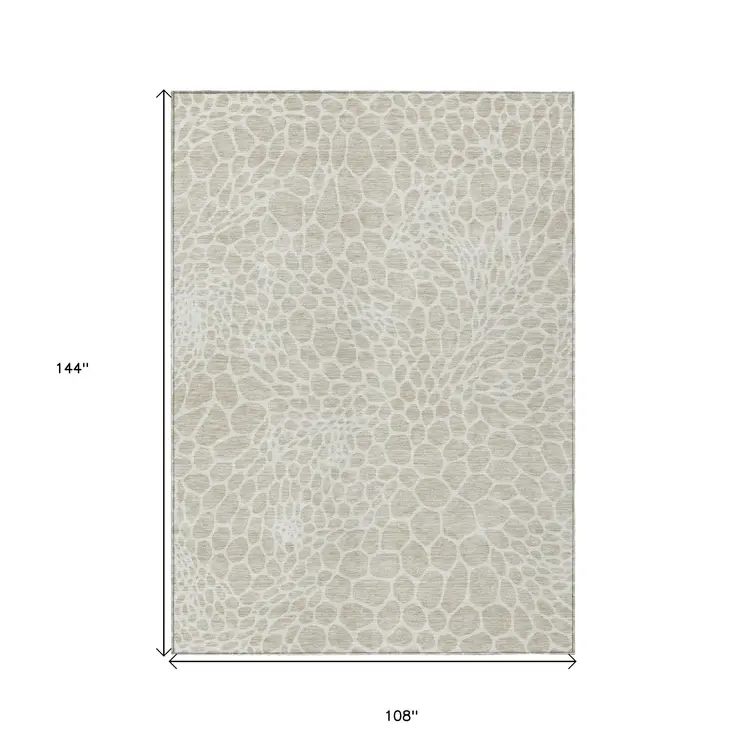 9' X 12' Beige And Ivory Geometric Washable Indoor Outdoor Area Rug