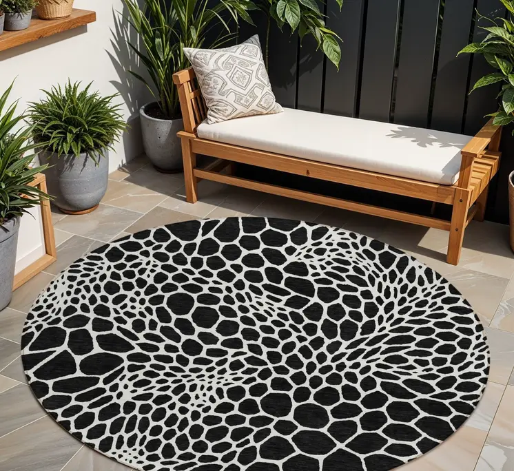 8' Black And Ivory Round Geometric Washable Indoor Outdoor Area Rug