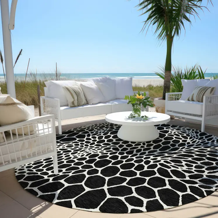 8' Black And Ivory Round Geometric Washable Indoor Outdoor Area Rug
