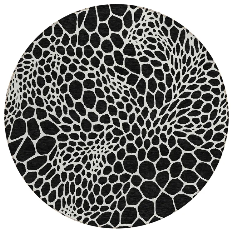 8' Black And Ivory Round Geometric Washable Indoor Outdoor Area Rug