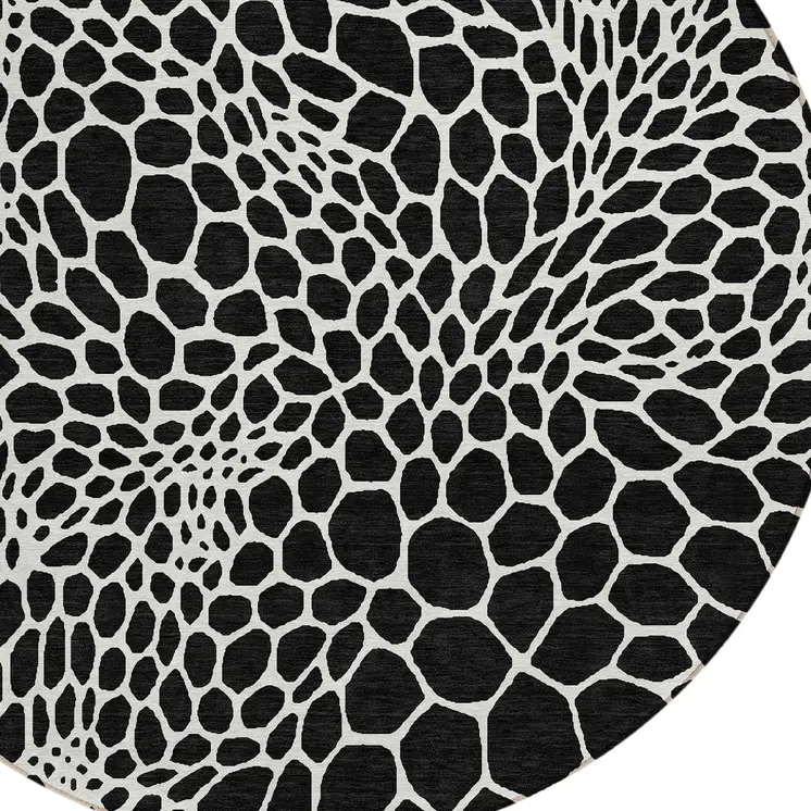 8' Black And Ivory Round Geometric Washable Indoor Outdoor Area Rug