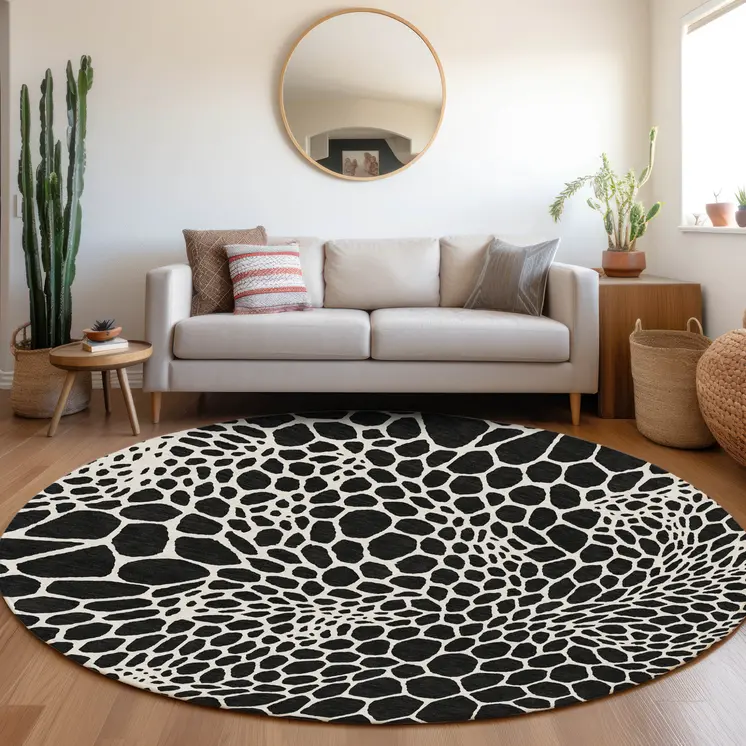 8' Black And Ivory Round Geometric Washable Indoor Outdoor Area Rug
