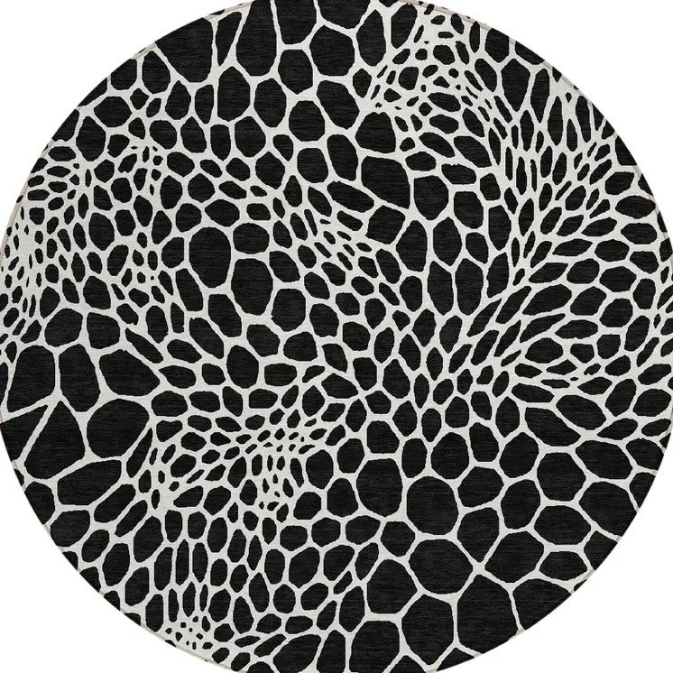 8' Black And Ivory Round Geometric Washable Indoor Outdoor Area Rug