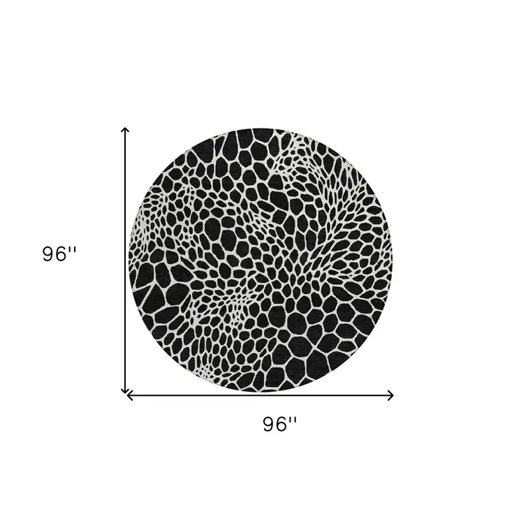 8' Black And Ivory Round Geometric Washable Indoor Outdoor Area Rug