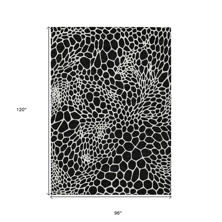 8' X 10' Black And Ivory Geometric Washable Indoor Outdoor Area Rug