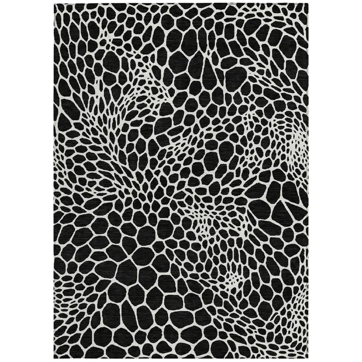 9' X 12' Black And Ivory Geometric Washable Indoor Outdoor Area Rug