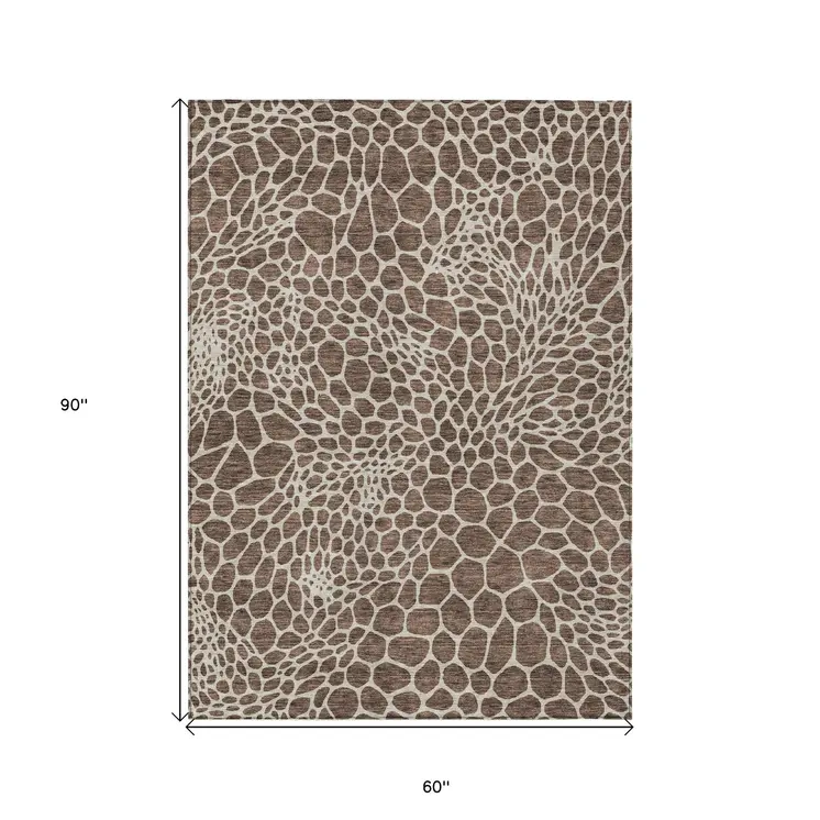 5' X 8' Brown And Beige Geometric Washable Indoor Outdoor Area Rug