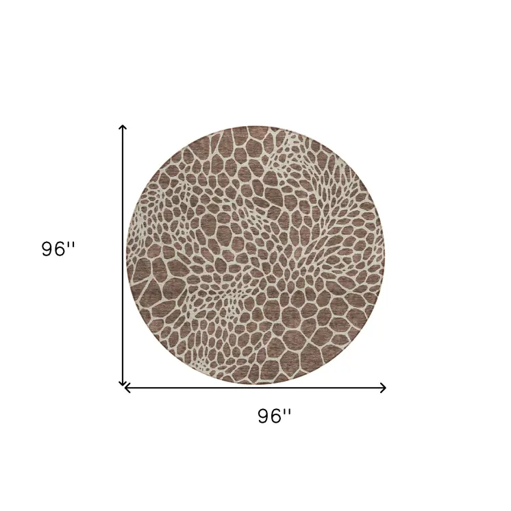8' Brown And Beige Round Geometric Washable Indoor Outdoor Area Rug