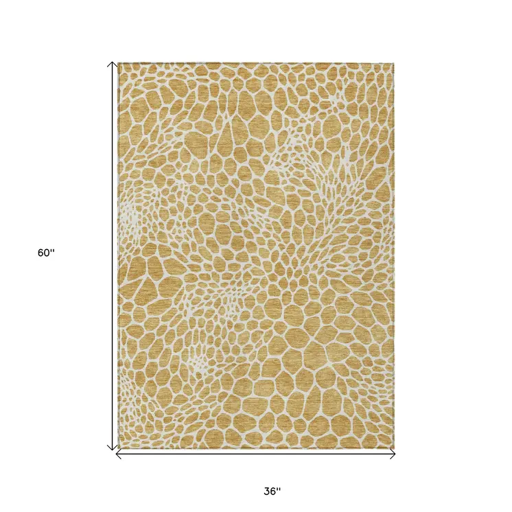 3' X 5' Gold And Ivory Geometric Washable Indoor Outdoor Area Rug