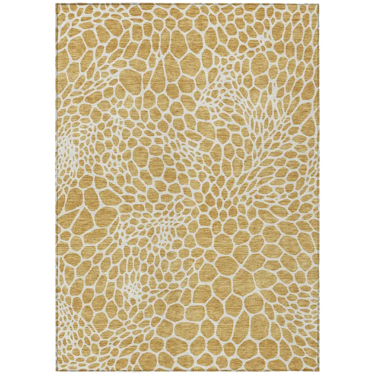3' X 5' Gold And Ivory Geometric Washable Indoor Outdoor Area Rug