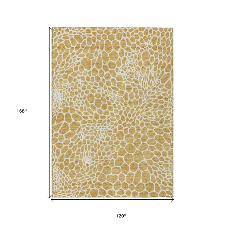 10' X 14' Gold And Ivory Geometric Washable Indoor Outdoor Area Rug