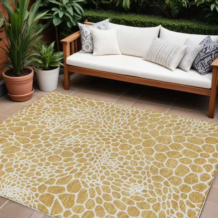 10' X 14' Gold And Ivory Geometric Washable Indoor Outdoor Area Rug