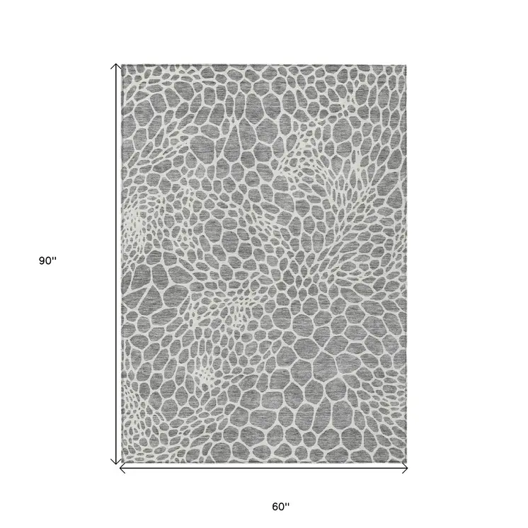 5' X 8' Gray And Ivory Geometric Washable Indoor Outdoor Area Rug