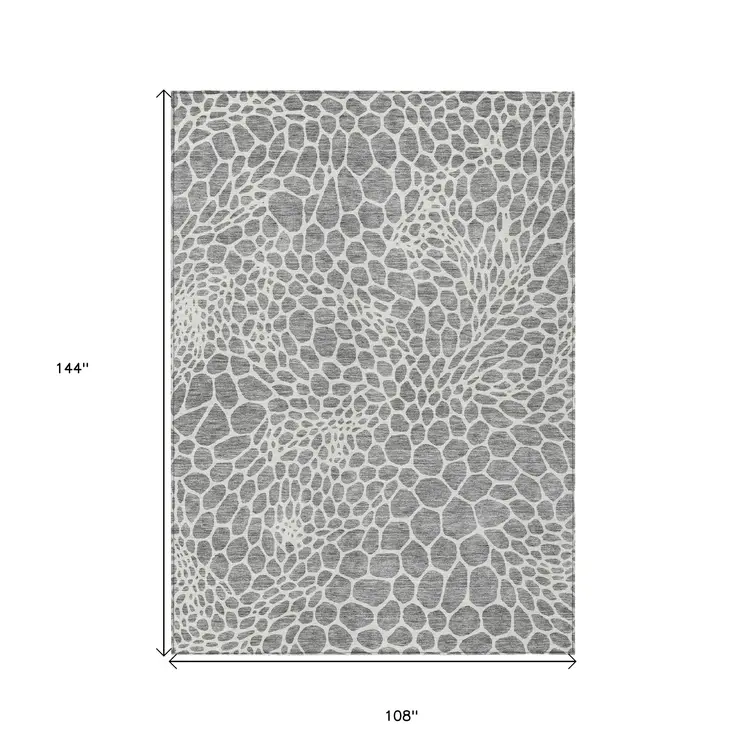9' X 12' Gray And Ivory Geometric Washable Indoor Outdoor Area Rug