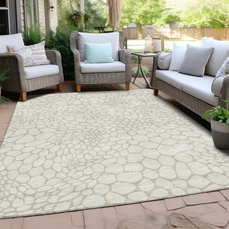 3' X 5' Ivory And Beige Geometric Washable Indoor Outdoor Area Rug
