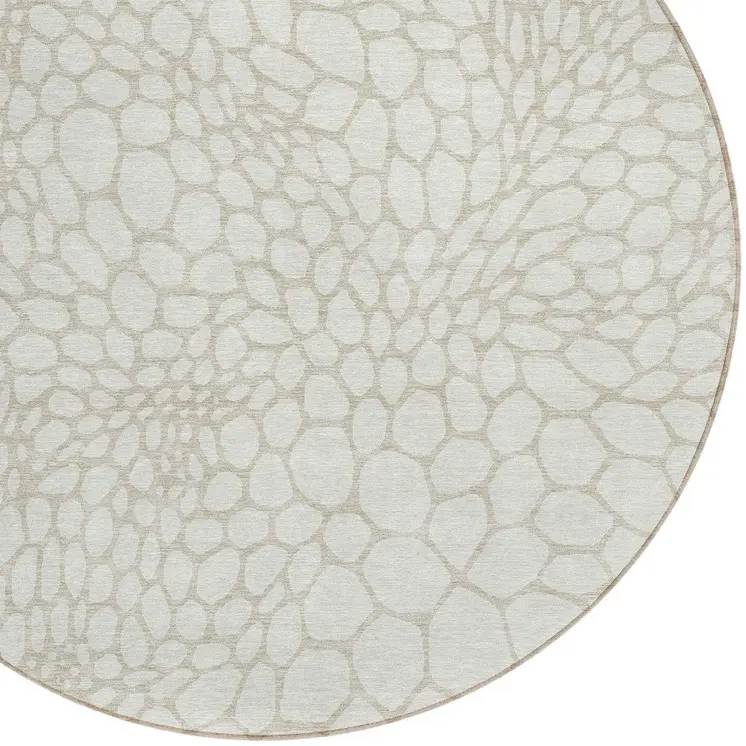 8' Ivory And Beige Round Geometric Washable Indoor Outdoor Area Rug