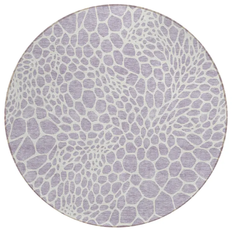 8' Lilac And Ivory Round Geometric Washable Indoor Outdoor Area Rug