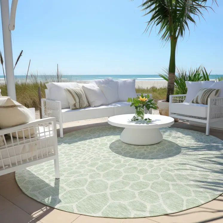8' Mint Green And Ivory Round Geometric Washable Indoor Outdoor Area Rug