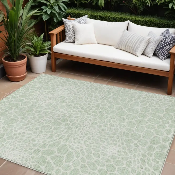 9' X 12' Mint Green And Ivory Geometric Washable Indoor Outdoor Area Rug