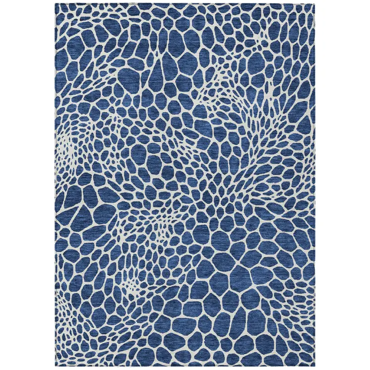 3' X 5' Navy Blue And Ivory Geometric Washable Indoor Outdoor Area Rug