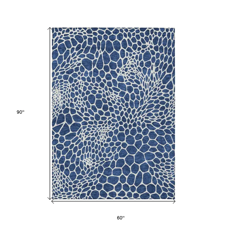 5' X 8' Navy Blue And Ivory Geometric Washable Indoor Outdoor Area Rug