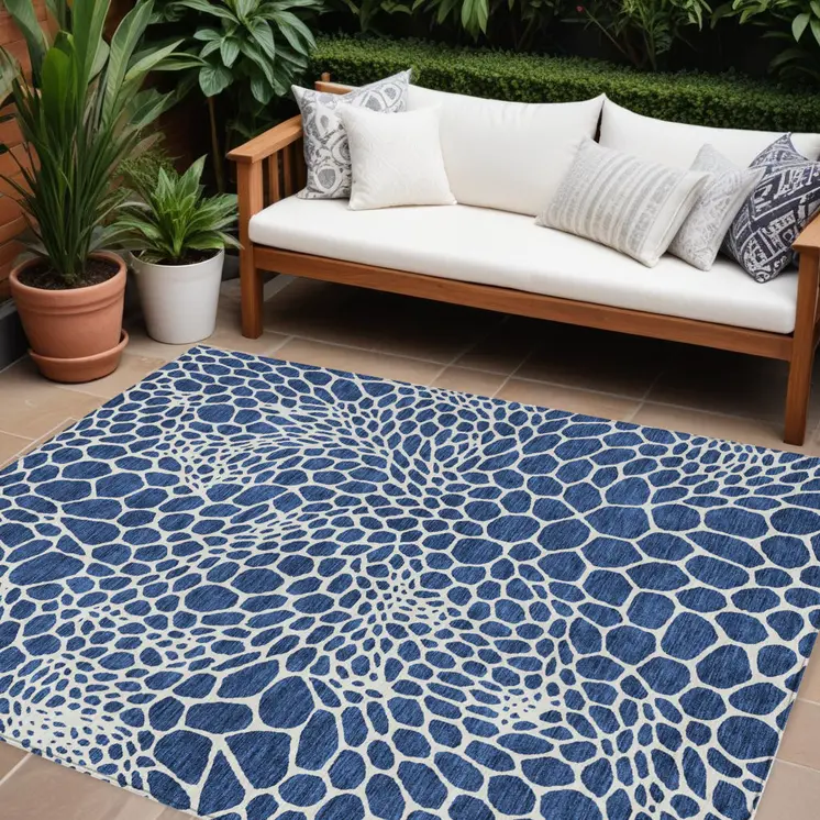 10' X 14' Navy Blue And Ivory Geometric Washable Indoor Outdoor Area Rug