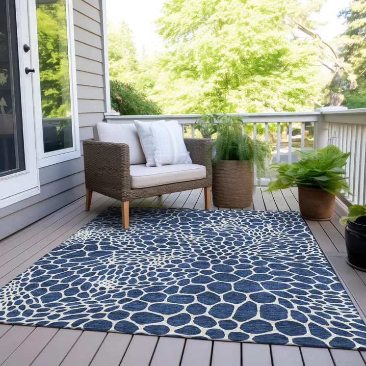 10' X 14' Navy Blue And Ivory Geometric Washable Indoor Outdoor Area Rug