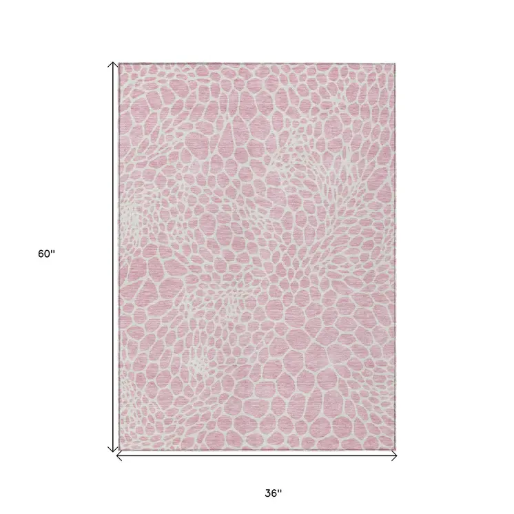 3' X 5' Pink And Ivory Geometric Washable Indoor Outdoor Area Rug