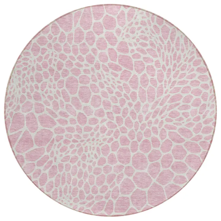 8' Pink And Ivory Round Geometric Washable Indoor Outdoor Area Rug