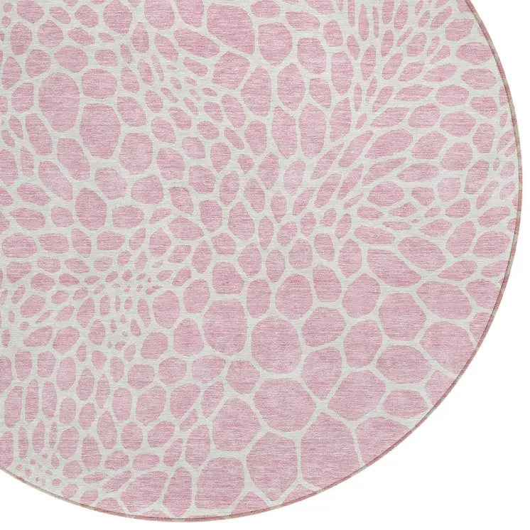 8' Pink And Ivory Round Geometric Washable Indoor Outdoor Area Rug