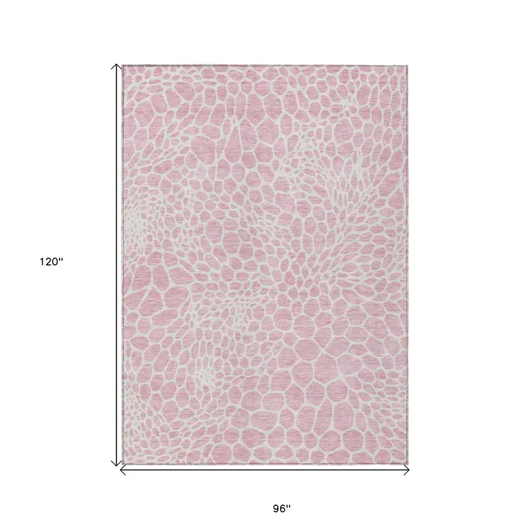 8' X 10' Pink And Ivory Geometric Washable Indoor Outdoor Area Rug